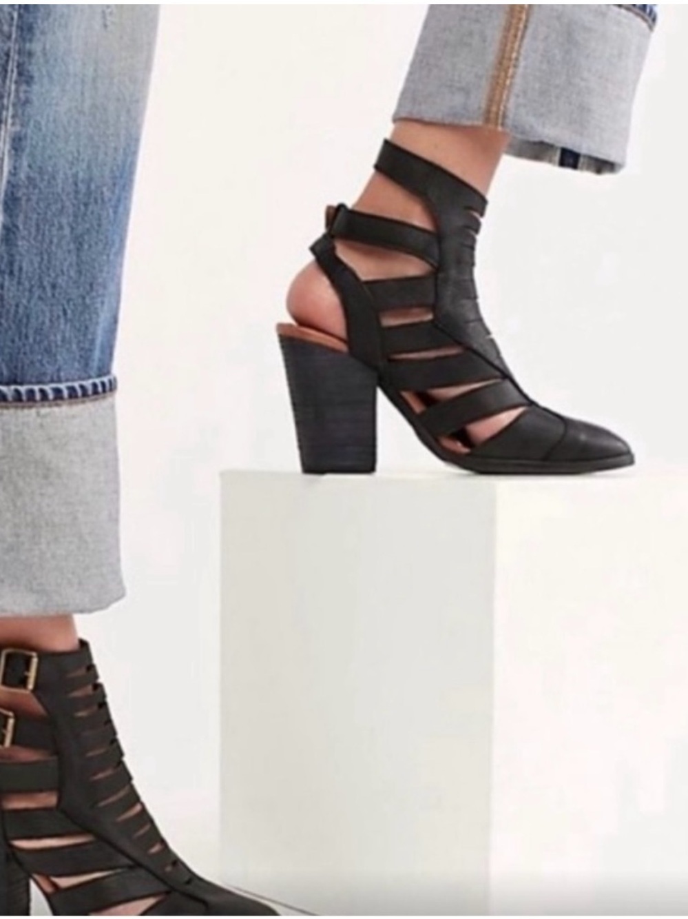 Free People Hayes Black Leather Cutout Block Heel Booties Sandals